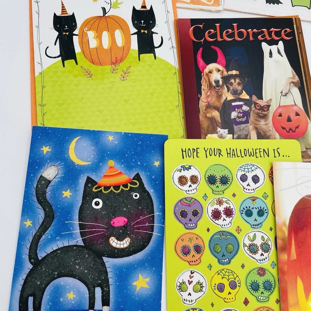 Lot of 7 Halloween Greeting Cards Ghost Cats Dogs Stickers Packs and Sheets‎